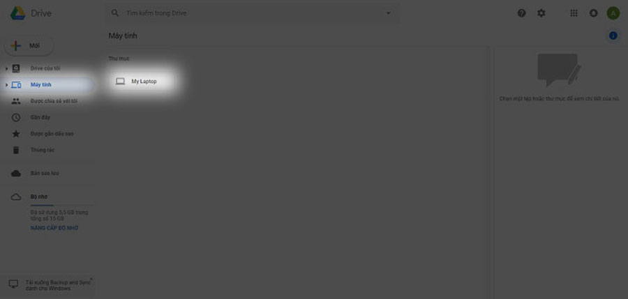 Để tìm lại những gì chúng ta đã đồng bộ lên Drive thì các bạn truy cập Google Drive trên trình duyệt rồi chuyển sang tab Máy tính và chọn My laptop.