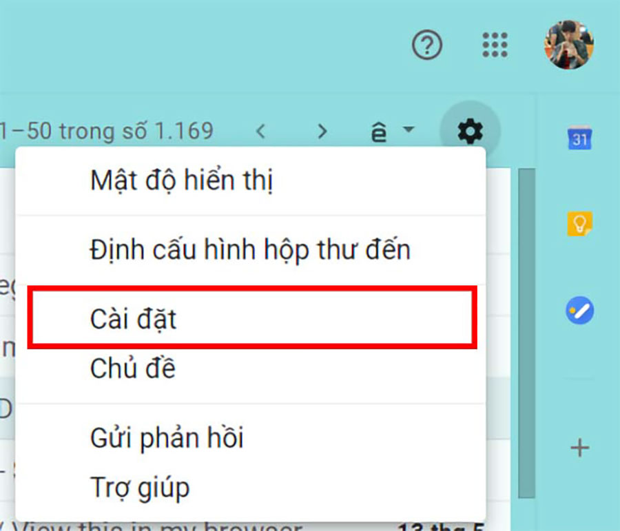 Bước 1: Đăng nhập vào lại tài khoản Gmail cũ qua địa chỉ gmail.com và chọn vào biểu tượng bánh răng Cài đặt.