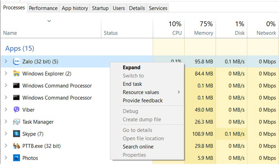 Tắt hoàn toàn ZaloPC dưới taskbar và trong task manager.